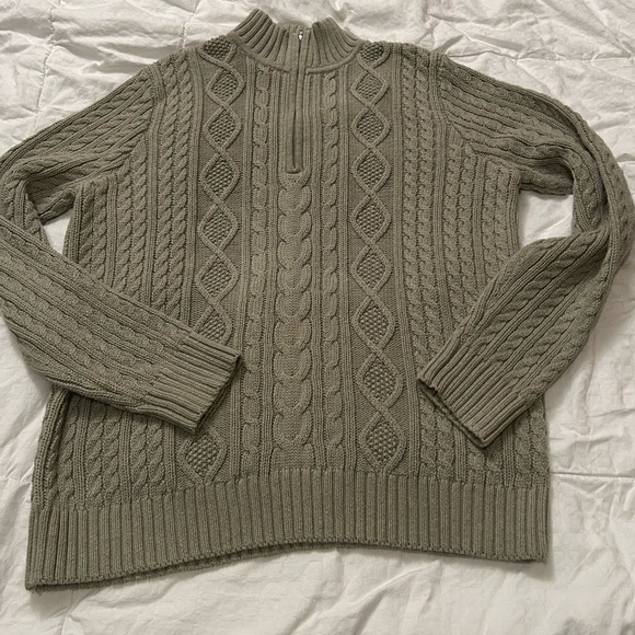 None Sweaters - Women’s Cable Knit 100% Cotton 1/4 Zip Sweater in sage Green